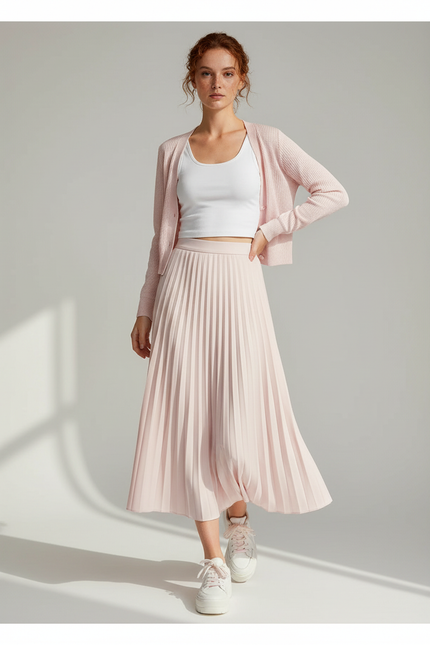 Jupe Midi Rose Plissée Fluide