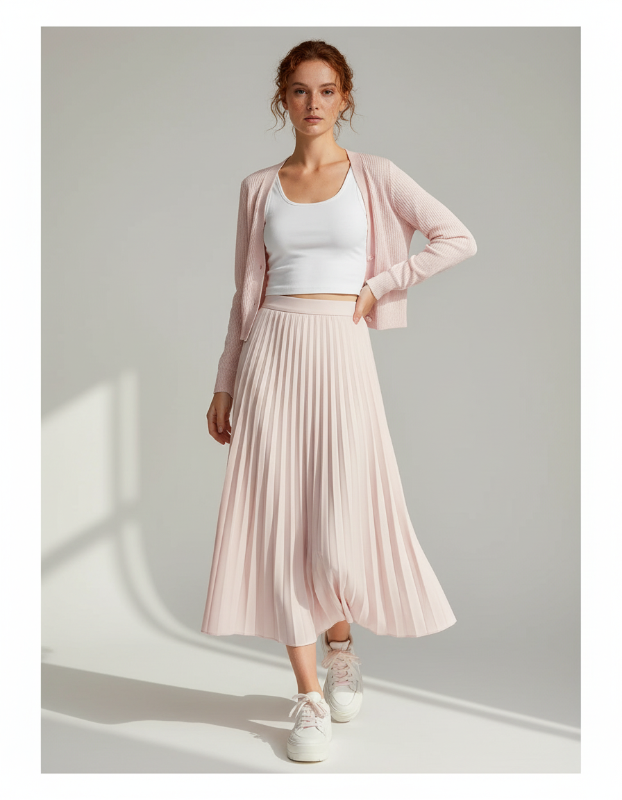 Jupe Midi Rose Plissée Fluide