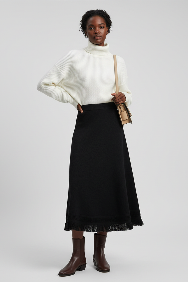 Jupe Midi Noire À Franges Chic