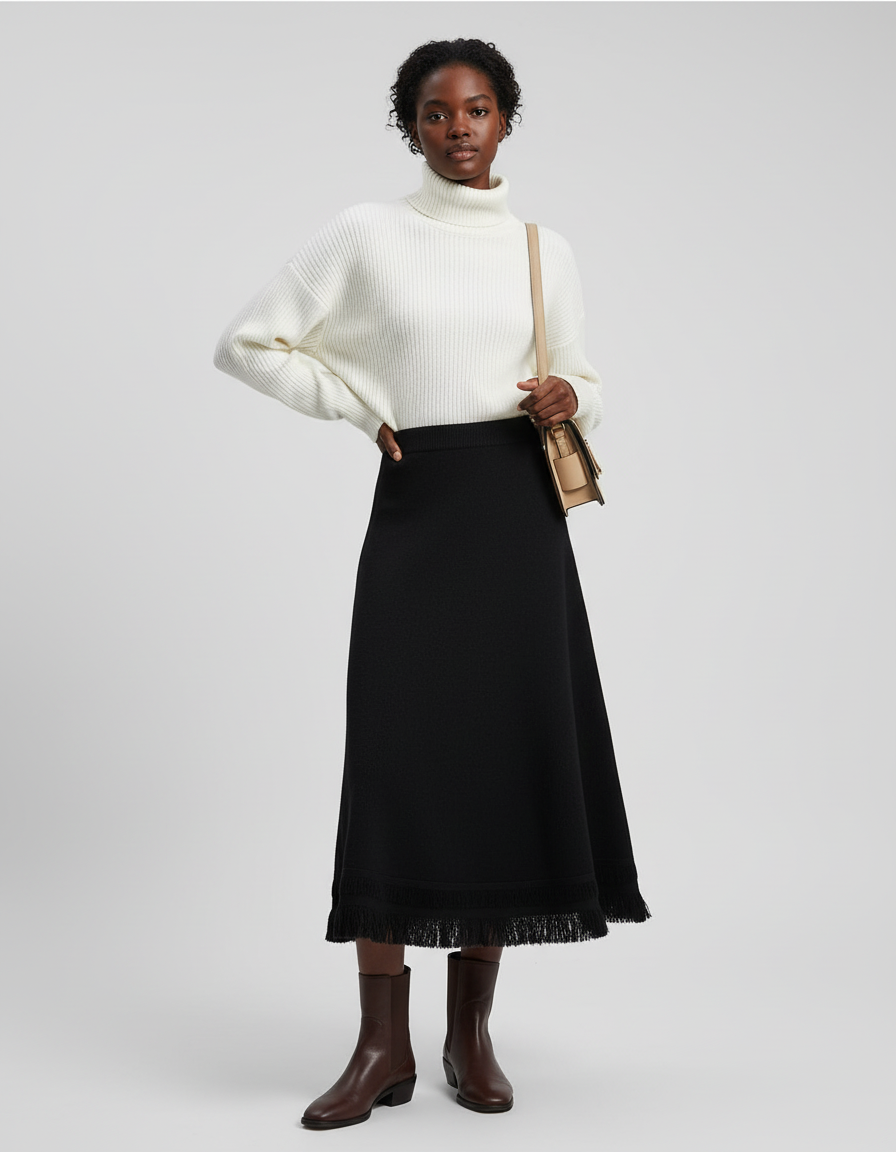Jupe Midi Noire À Franges Chic