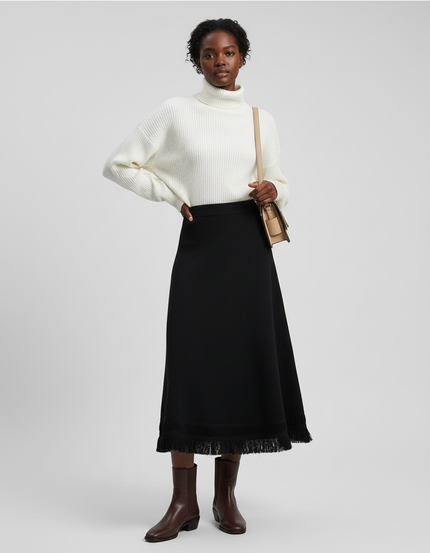 Jupe Midi Noire À Franges Chic