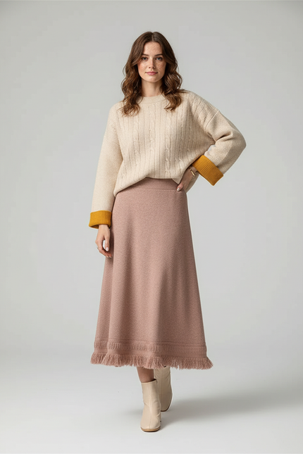 Jupe Midi Maille Franges Élégante