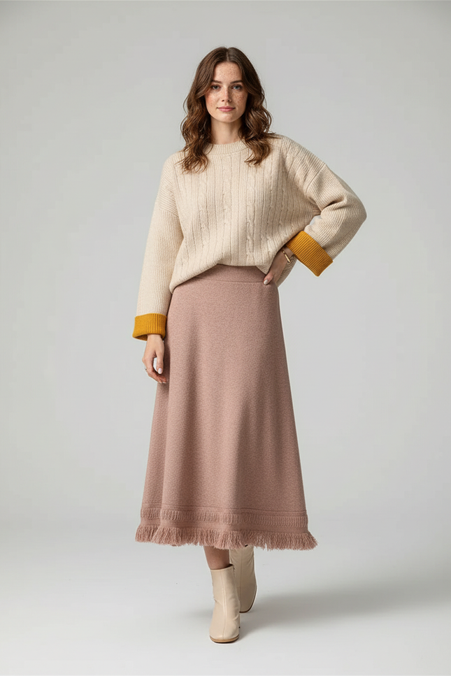 Jupe Midi Maille Franges Élégante