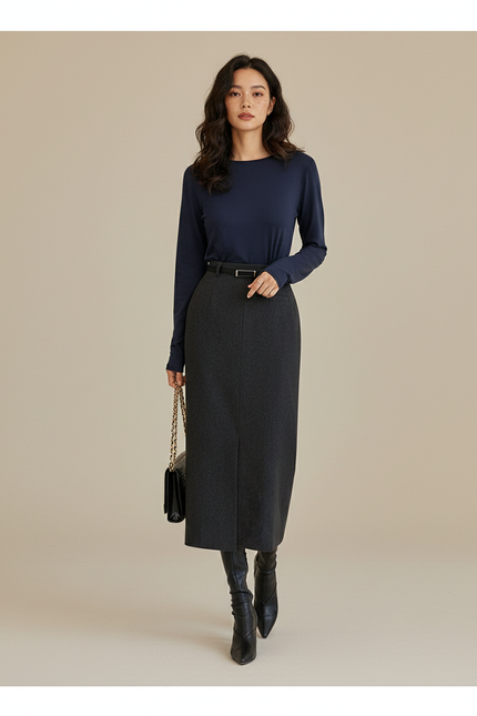 Jupe Midi Faux Laine Coupe Crayon Élégante