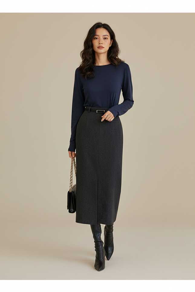 Jupe Midi Faux Laine Coupe Crayon Élégante