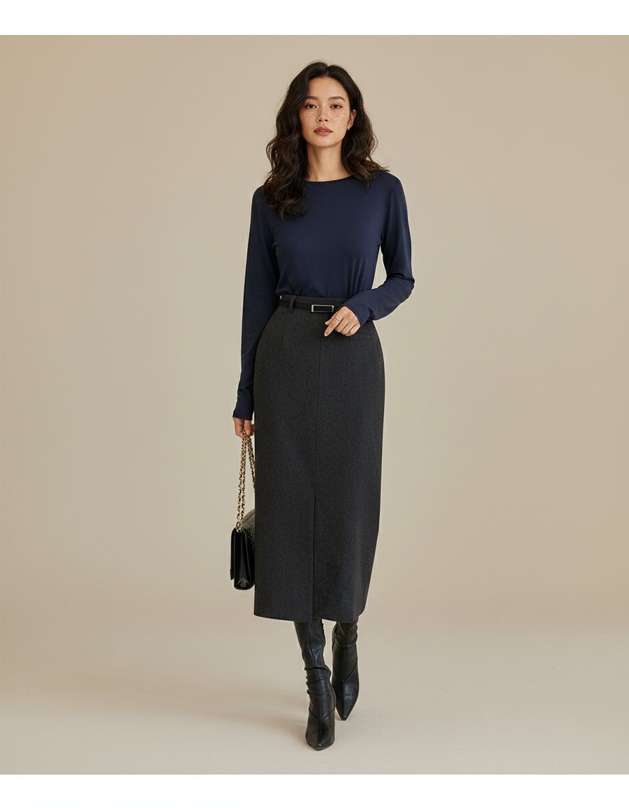 Jupe Midi Faux Laine Coupe Crayon Élégante