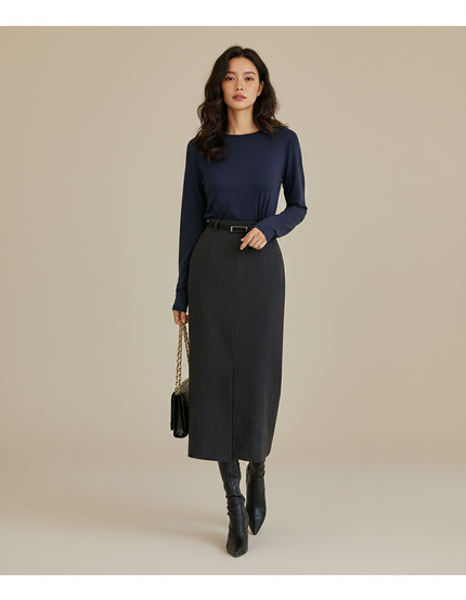 Jupe Midi Faux Laine Coupe Crayon Élégante