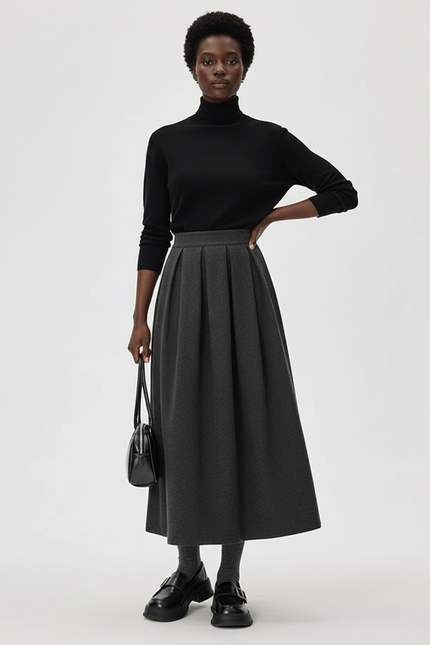 Jupe Midi Grise Plissée Laine Élégante