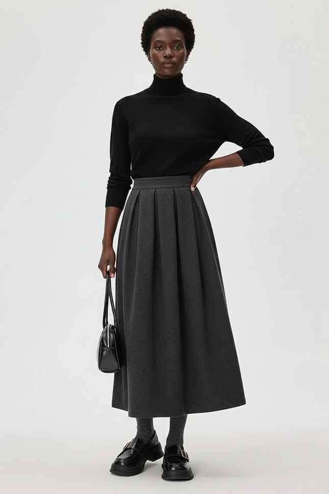 Jupe Midi Grise Plissée Laine Élégante