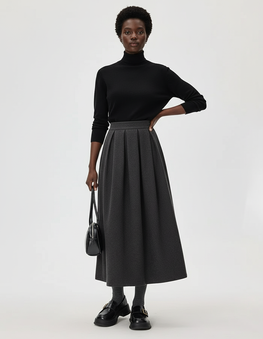 Jupe Midi Grise Plissée Laine Élégante