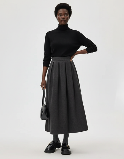 Jupe Midi Grise Plissée Laine Élégante