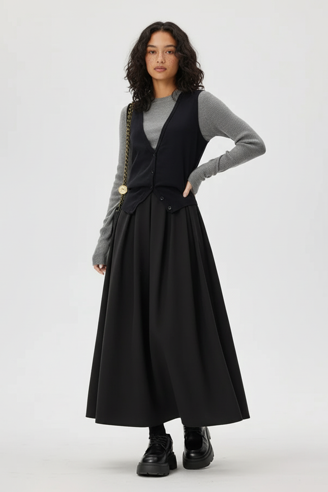 Jupe Midi Noire A-Line Élégante