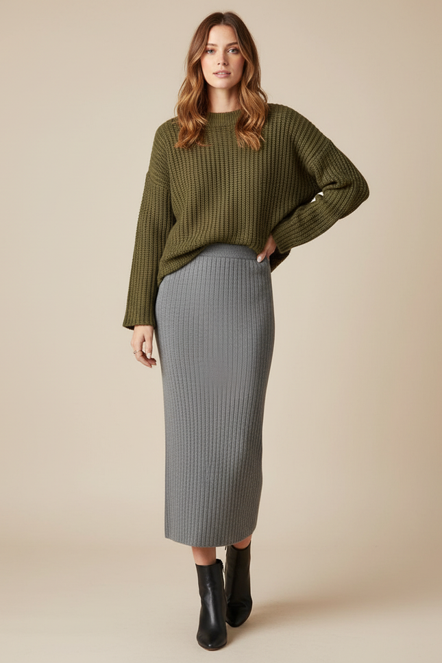 Jupe Midi Grise Côtelée Élégante sobre