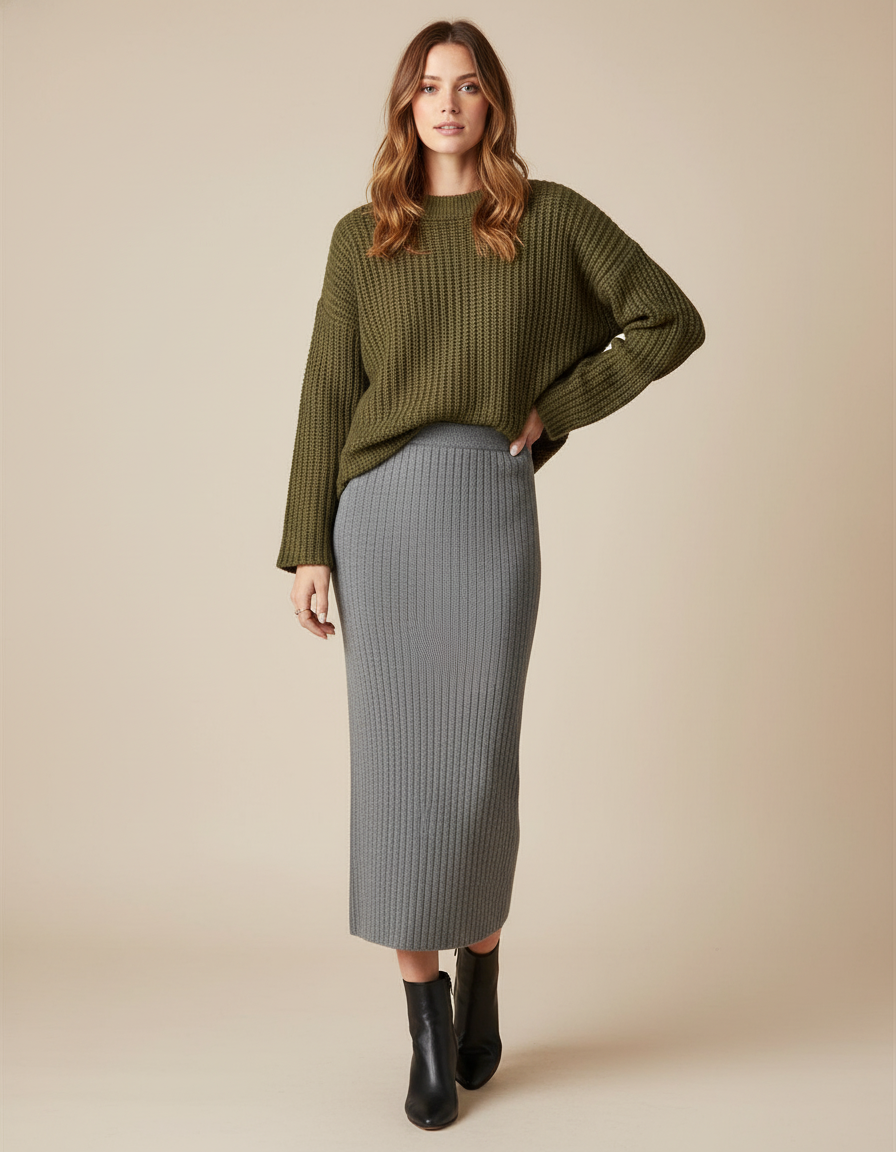 Jupe Midi Grise Côtelée Élégante sobre