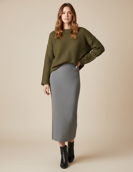 Jupe Midi Grise Côtelée Élégante sobre