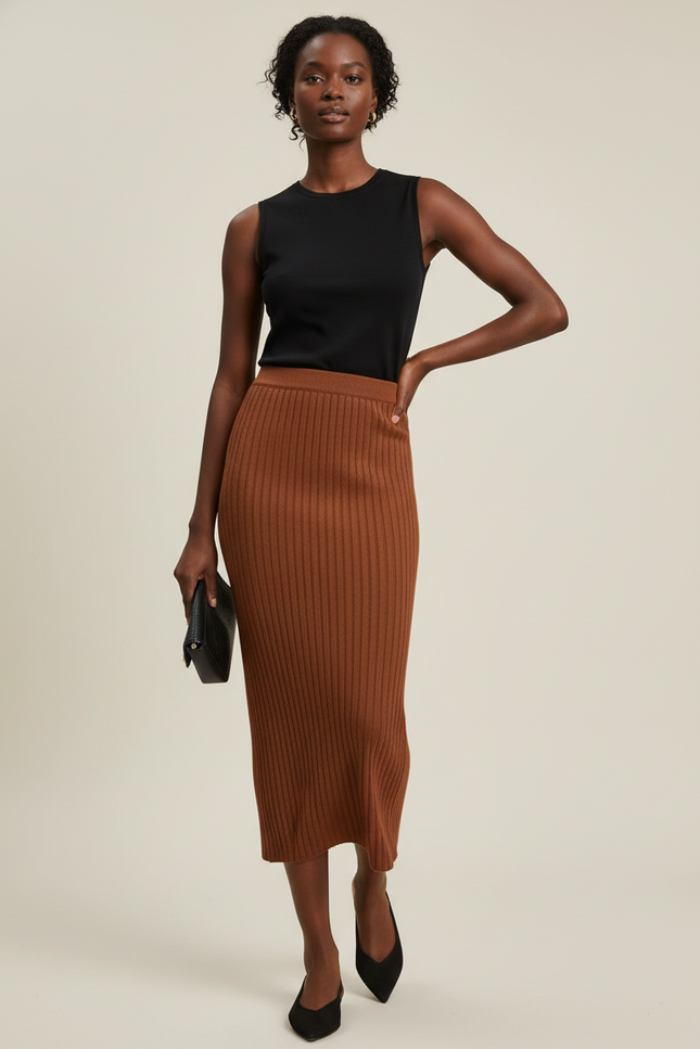 Jupe Midi Marron Maille Côtelée Chic