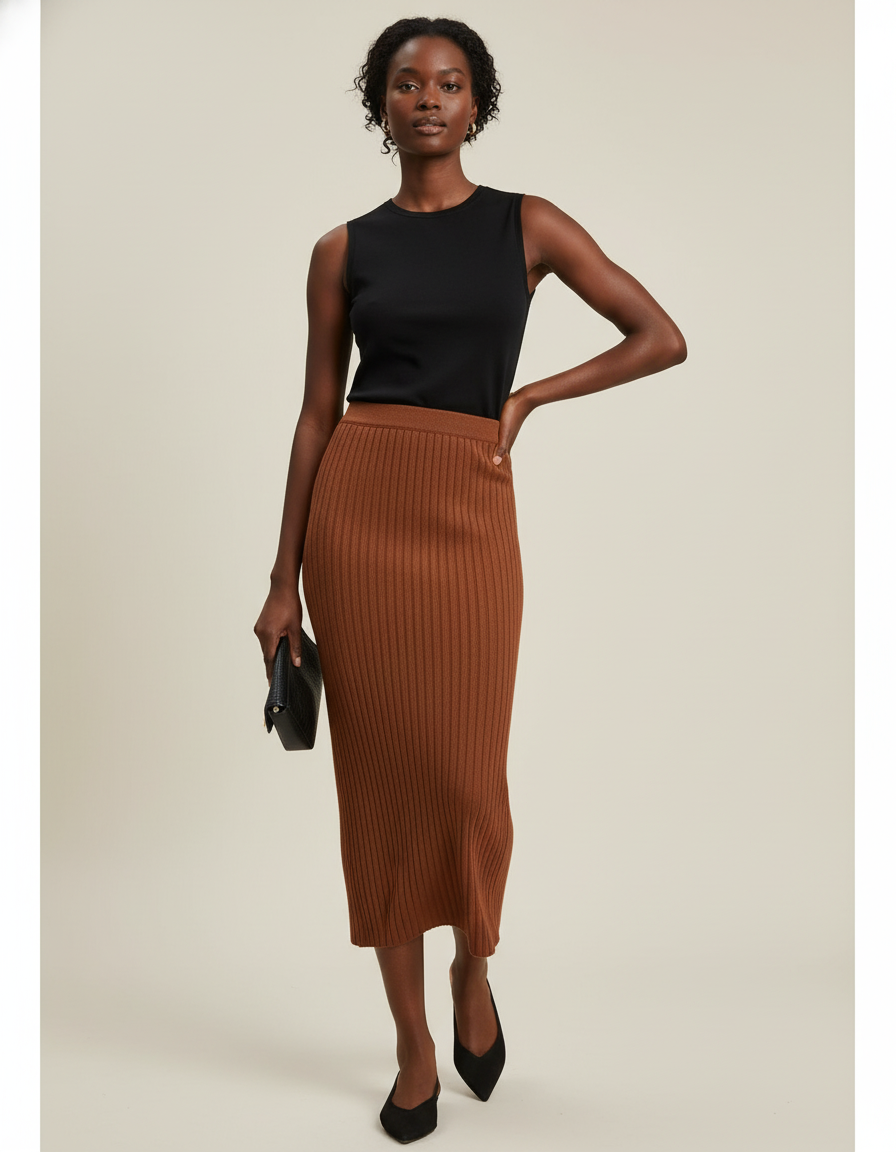 Jupe Midi Marron Maille Côtelée Chic