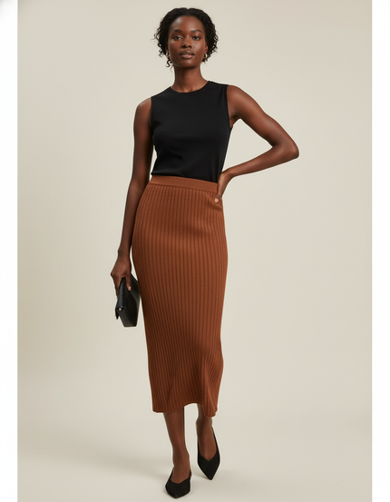 Jupe Midi Marron Maille Côtelée Chic