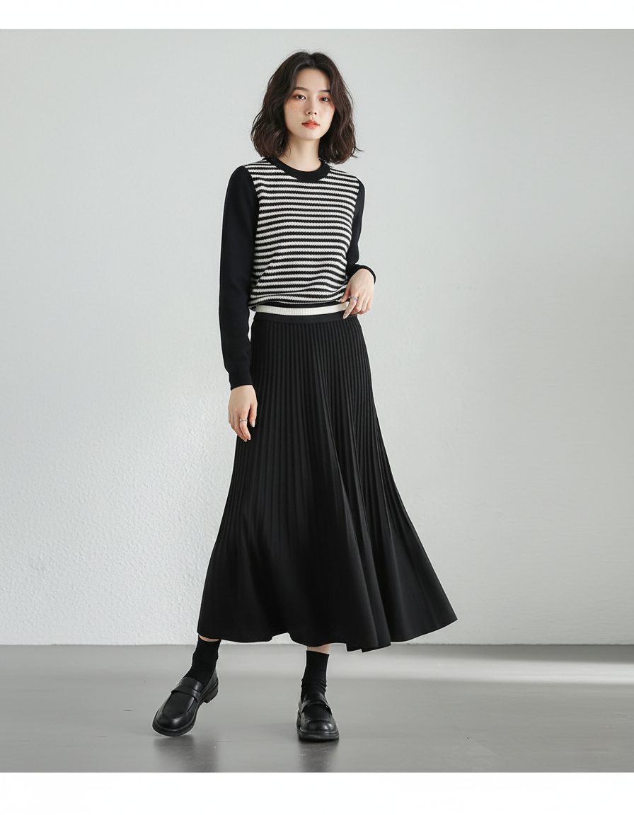 Jupe Midi Noire Plissée Élégante intemporelle