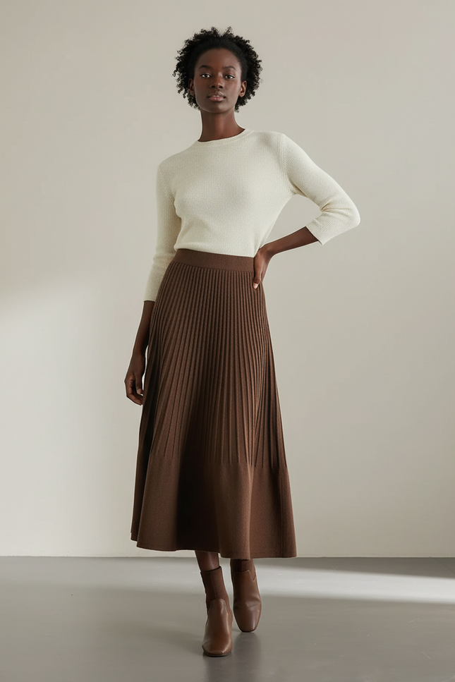 Jupe Midi Marron Plissée Élégante fluide chic
