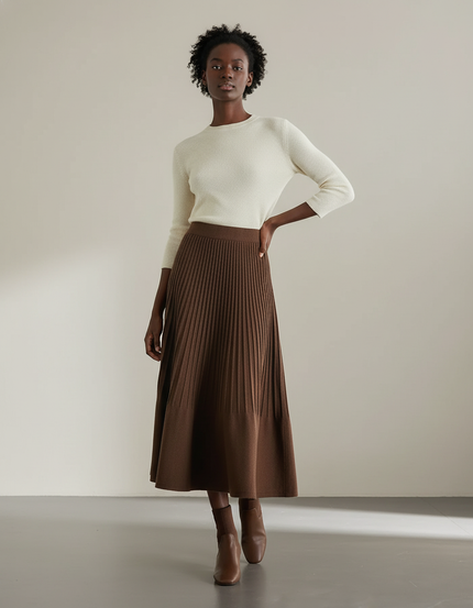 Jupe Midi Marron Plissée Élégante fluide chic