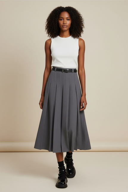 Jupe Midi Grise Plissée Élégante épurée