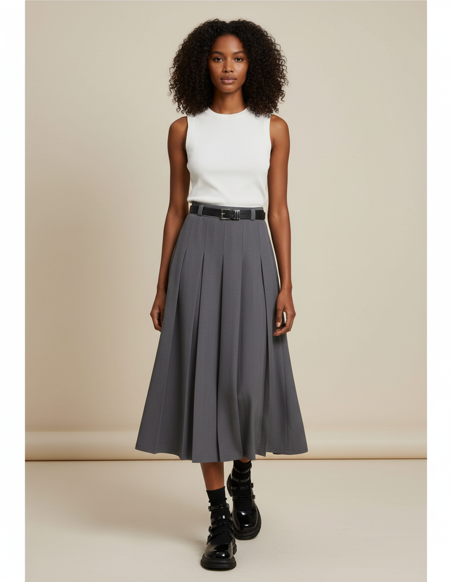 Jupe Midi Grise Plissée Élégante épurée