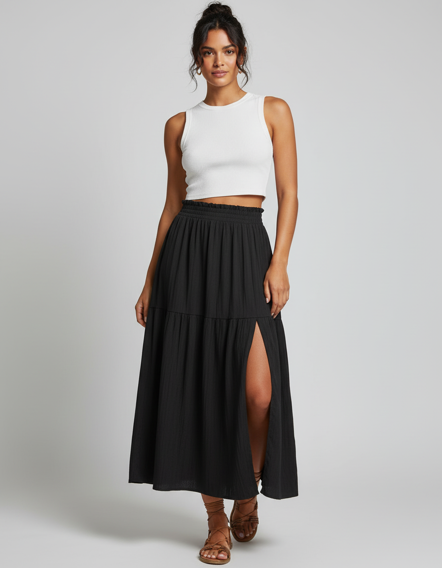 Jupe Midi Noire Fendue Fluide