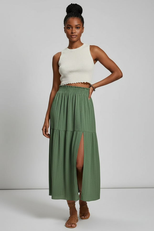 Jupe Midi Verte Fendue Plissée