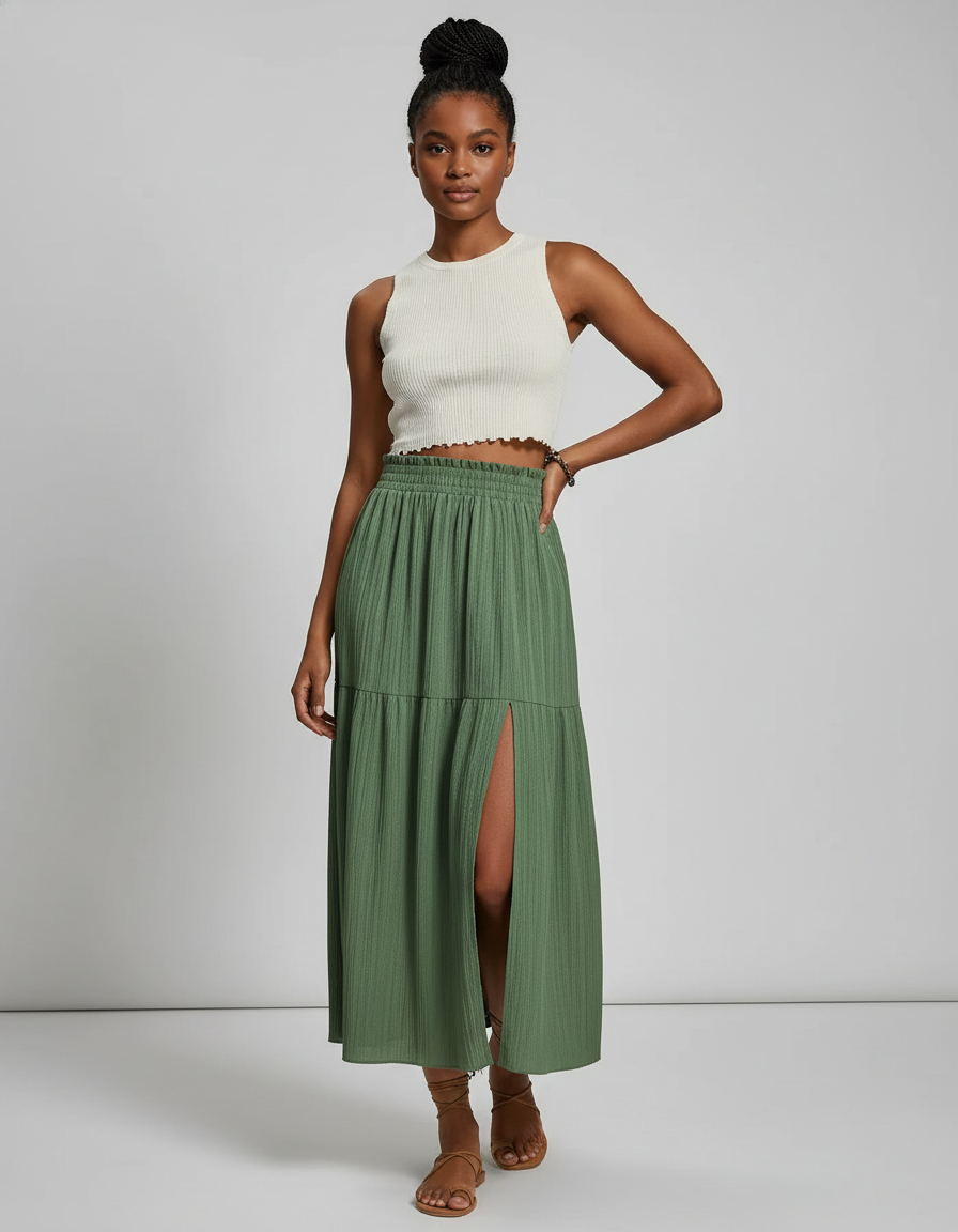 Jupe Midi Verte Fendue Plissée