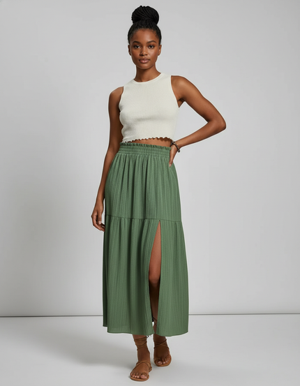 Jupe Midi Verte Fendue Plissée