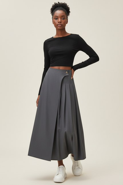 Jupe Midi Gris Portefeuille Plissée