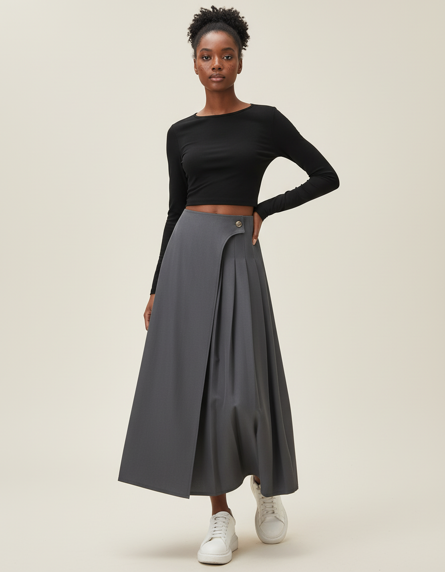 Jupe Midi Gris Portefeuille Plissée