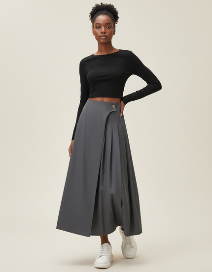 Jupe Midi Gris Portefeuille Plissée