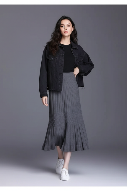 Jupe Midi Plissée Tricotée Élégante