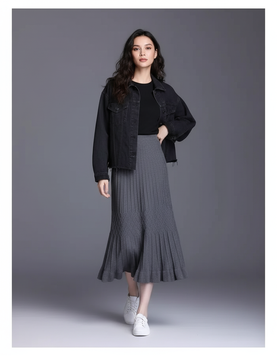 Jupe Midi Plissée Tricotée Élégante