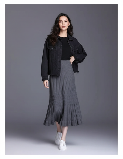 Jupe Midi Plissée Tricotée Élégante