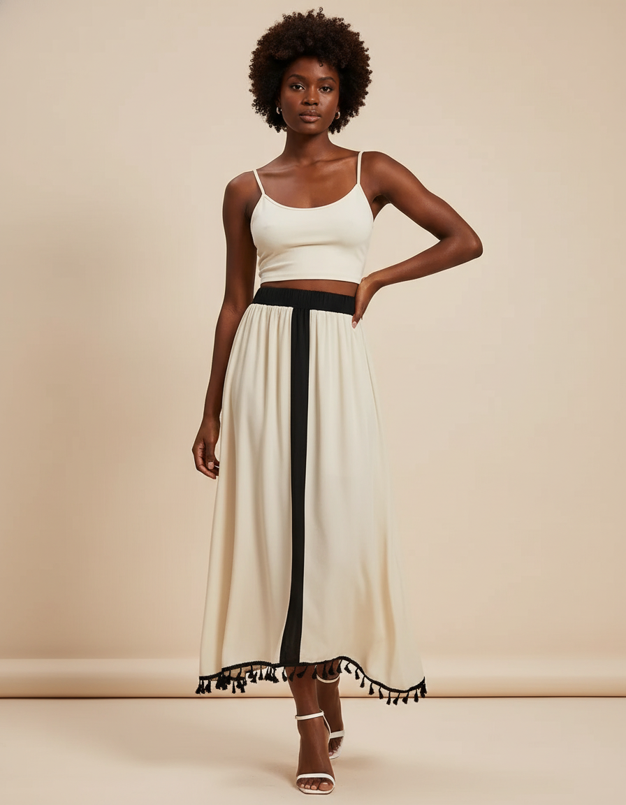 Jupe Midi Bicolore Tassels Fluide