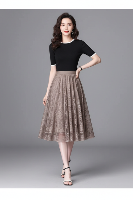 Jupe Midi Dentelle Plissée Élégante