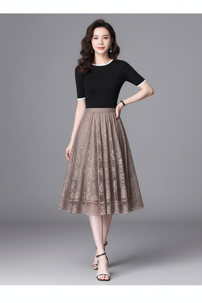 Jupe Midi Dentelle Plissée Élégante