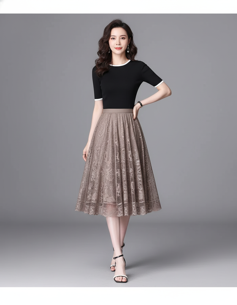 Jupe Midi Dentelle Plissée Élégante