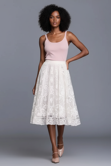 Jupe Midi Dentelle Blanche Élégante