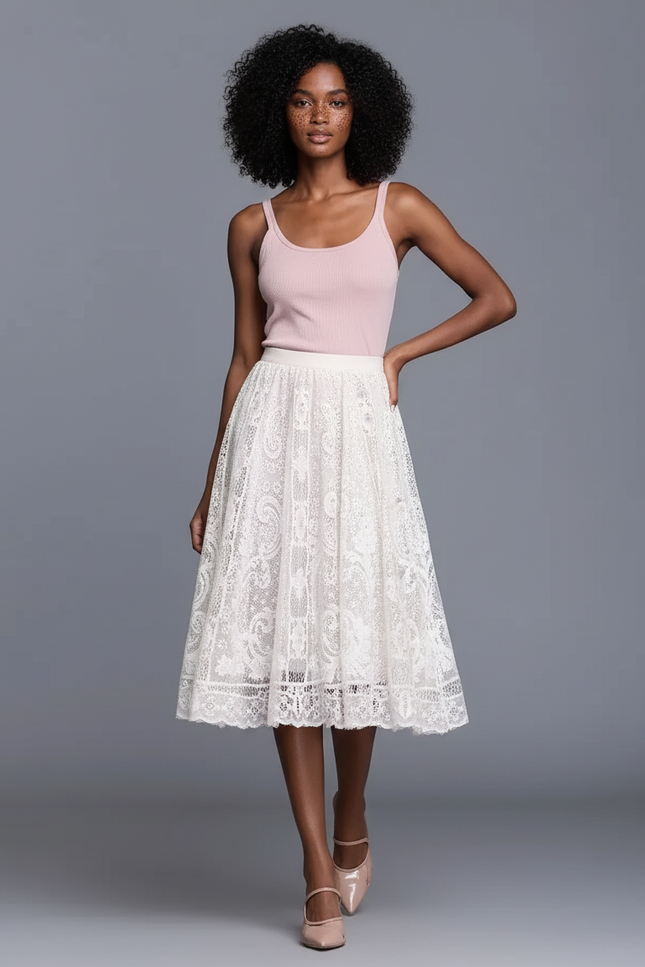 Jupe Midi Dentelle Blanche Élégante