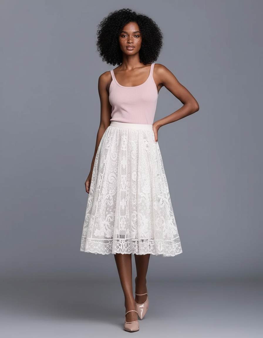 Jupe Midi Dentelle Blanche Élégante