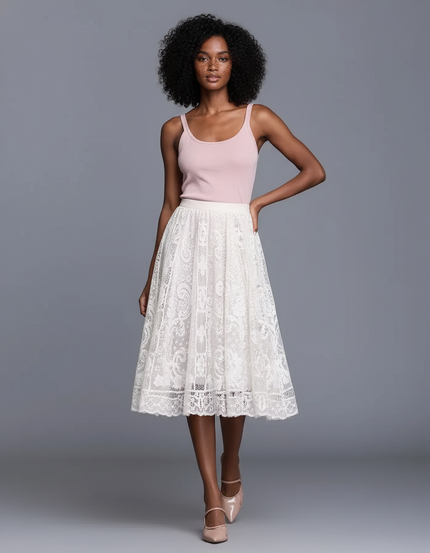 Jupe Midi Dentelle Blanche Élégante