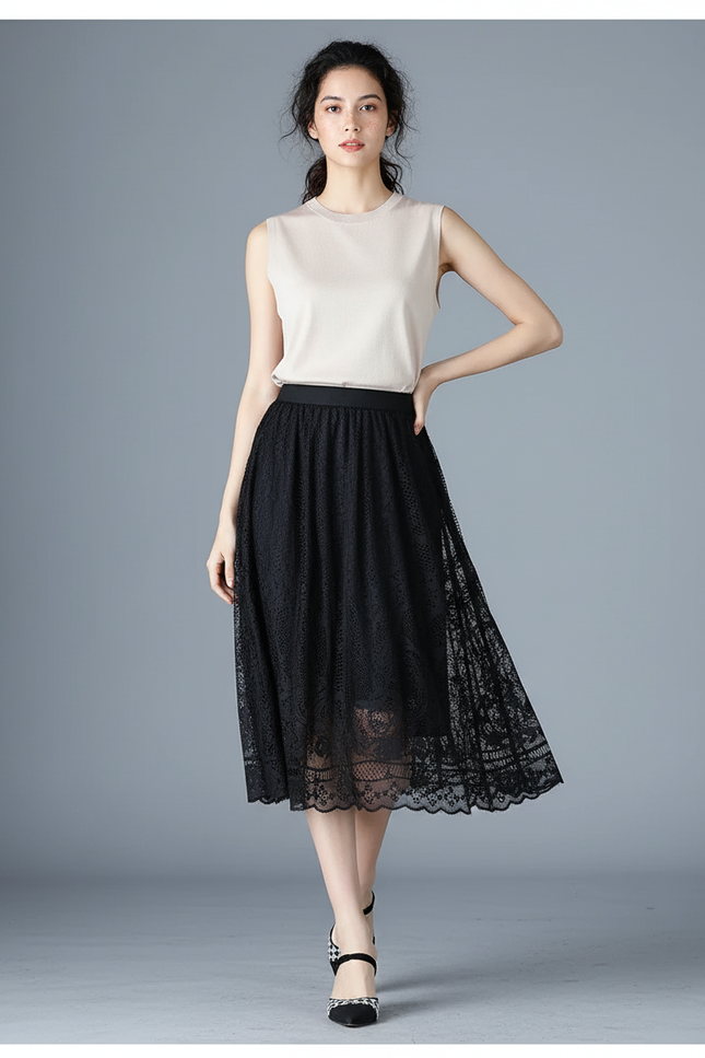 Jupe Midi Dentelle Noire Élégante