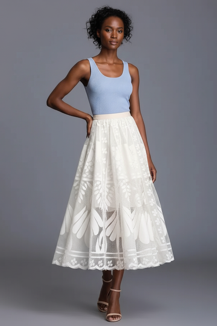 Jupe Midi Dentelle Motif Floral Élégante
