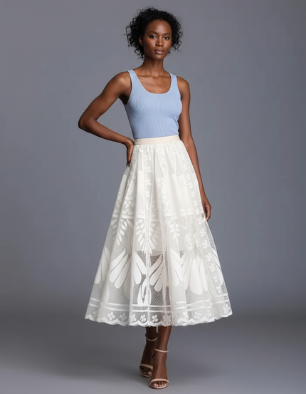 Jupe Midi Dentelle Motif Floral Élégante