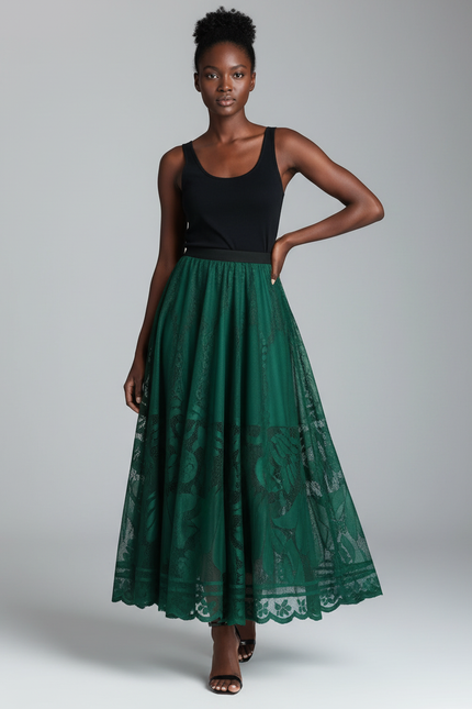 Jupe Midi Verte Dentelle Élégante