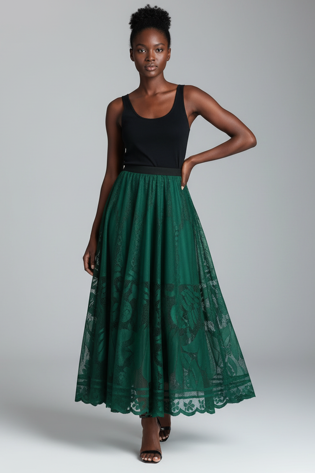 Jupe Midi Verte Dentelle Élégante